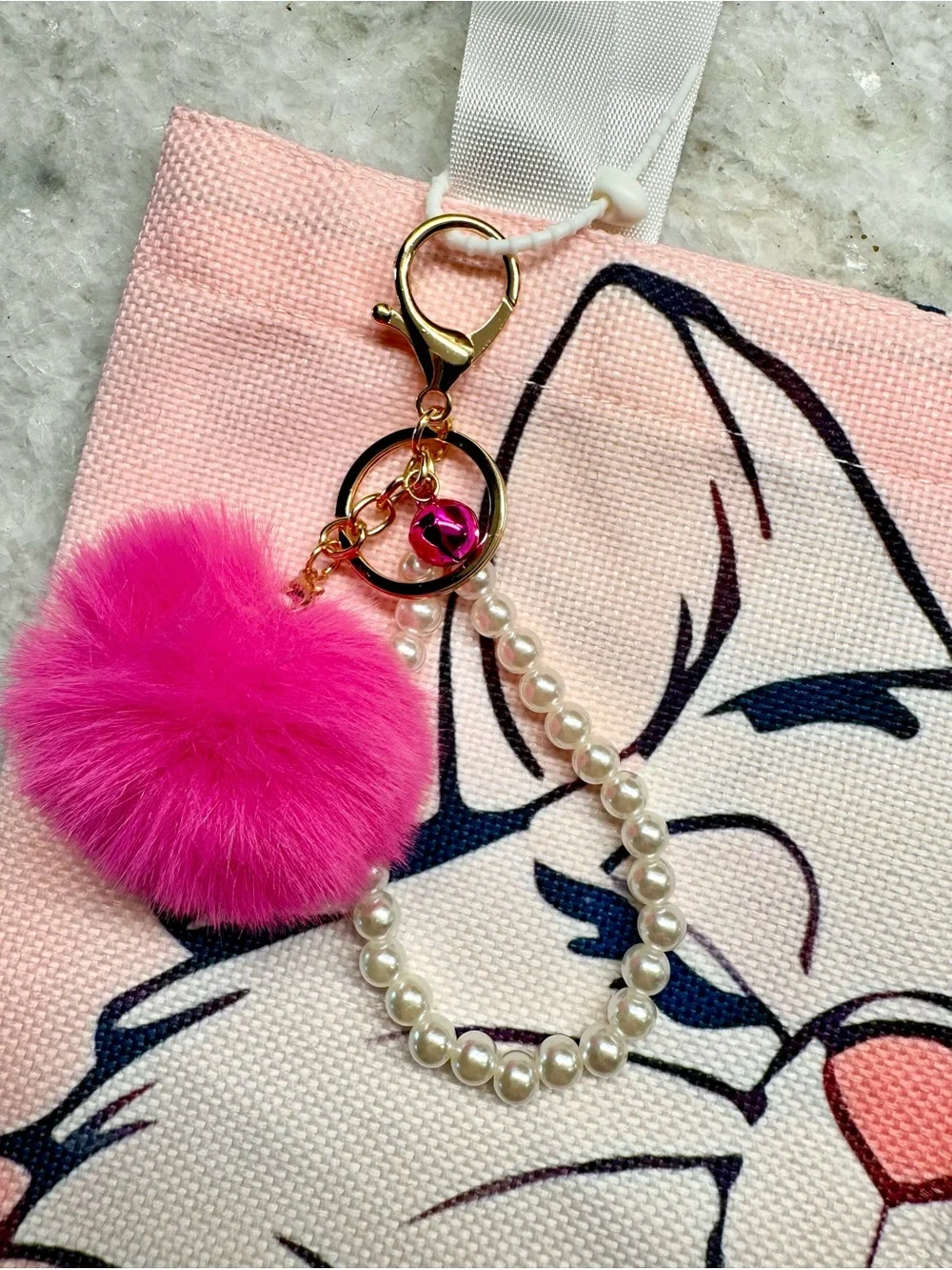 New Aristocats Marie White Cat Pink Shopping Bag Purse Tote w/ Charm - 16”